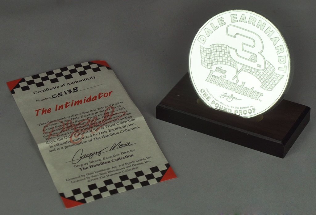 1 Troy Pound (12+ oz.) of .999 Silver Proof Round: Honoring Dale Earnhardt, Sr. (No. 3). Great collector/investor lot. Has COA.