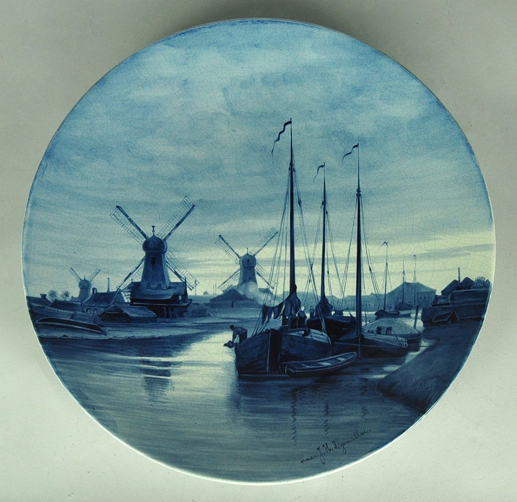 Joost Thooft & Labouchere Delft Charger: Successor to Porceleyne Fles. Date letter "N" (1892), painted by J.H. Wysmuller. 13 5/8" Dia.