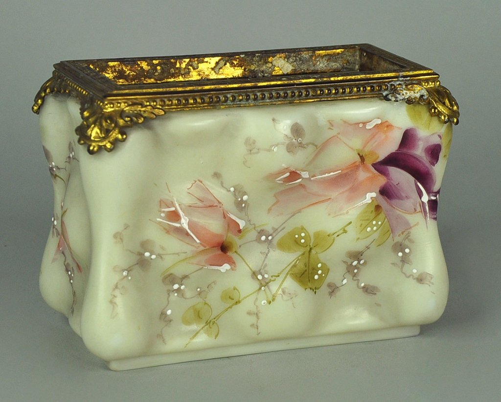 Wave Crest Opal-Ware Letter Box by C. F. Monroe: Decorated with enameled purple and pink florals and leaves. Produced in the 1890's in Meriden, Connecticut. "Egg crate" design. Brass ormolu frame. C.F. Monroe was a decorating firm and acquired most 