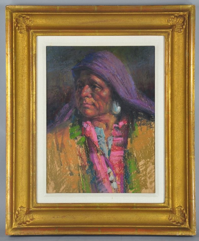 Ted Robertson Pastel Portrait of Man: American - 1942-1999. Depicts man wearing colorful dress and with earring. Signed middle right, "Ted Robertson/PSA." 16" x 11" s.s., in linen mat and frame to 24" x 20". Member of Pastel Association o