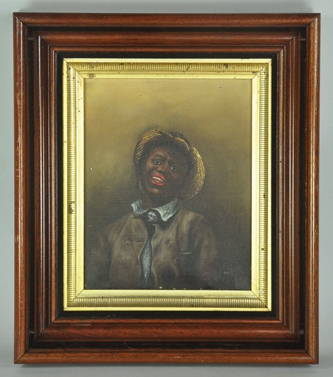 Painting of Young Man in Straw Hat: Oil on canvas. Some slight flaking to paint at the base of the painting, near frame. Faintly signed lower right, “S.F.B. ’95.” 9 1/4” x 7 1/2” s.s., in vintage gilt and wooden shadowbox fram