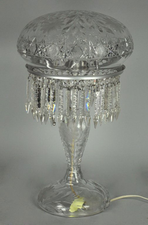 Cut Glass Mushroom Lamp: Floral and foliate pattern with prisms. Good condition. 20 1/2" H. x 12" Dia.
