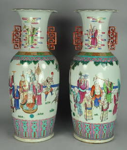 Pair Chinese Temple Vases: Early 20th century. Matched pair. Nice quality painting. Good condition. 24" H. x 9" Dia.