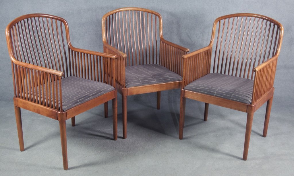 Group of Three Knoll "Exeter" Arm Chairs: Likely maple and beech. Each having bent wood upper-frame and spindles at back and below arms. With upholstered seats. Each with metal plaque on base reading "Davis Allen/Exeter/Knoll Studios 1983" wi