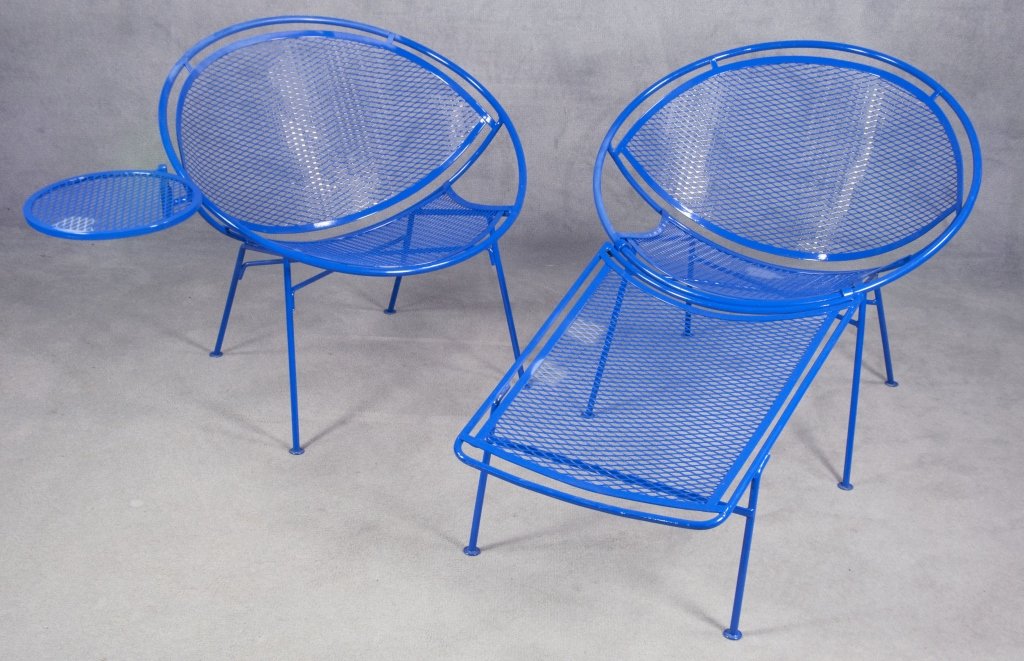 Two Salterini "Clam Shell" Lounge Chairs: Designer, Mauricio Tempestini. Mid 2oth century. One on four legs with detachable, swing-out tray (12" dia.), 27 1/2" H. x 31" Dia.(not including tray). Other "chaise longue" style on four legs with d