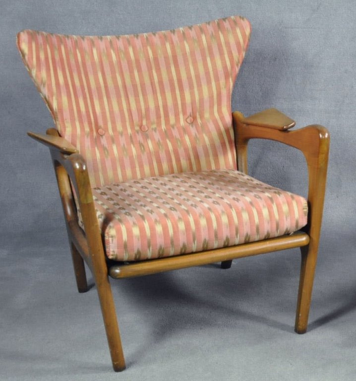 Adrian Pearsall Lounge Chair: American, 1925-2011. Mid 20th century, for Craft Associates. With flared back and arms. With replaced upholstery and loss to finish. Unmarked. 31 1/2" x 27 3/4" x 31".