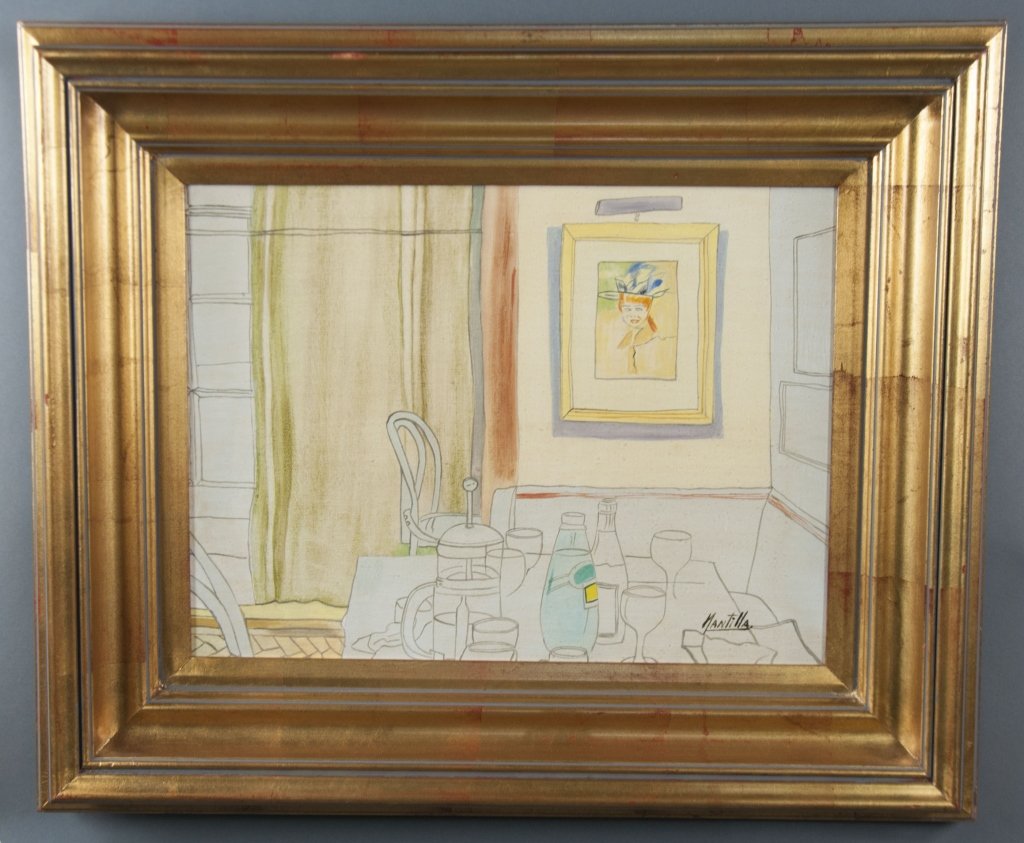 Mantilla Minimalist Banquette: With chairs and table, the wall with portrait. Signed lower right, "Mantilla" and signed verso. 15" x 11" s.s, framed to 23" x 19".