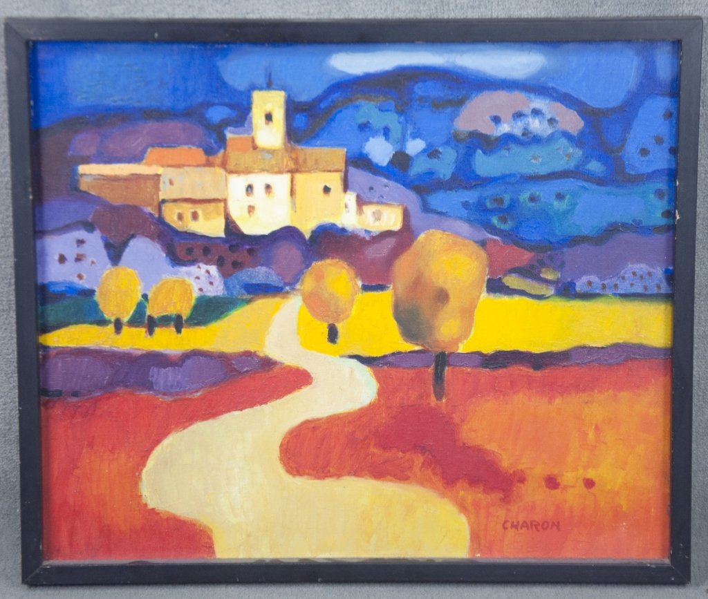 Guy Charon Oil on Canvas: French, b. 1921. Colorful Provence landscape with blue mountains, trees, and village on a hill. Signed lower right, "Charon." Pencil signed on reverse, "Haute Provence," and with "Gallerie Stiebel" st