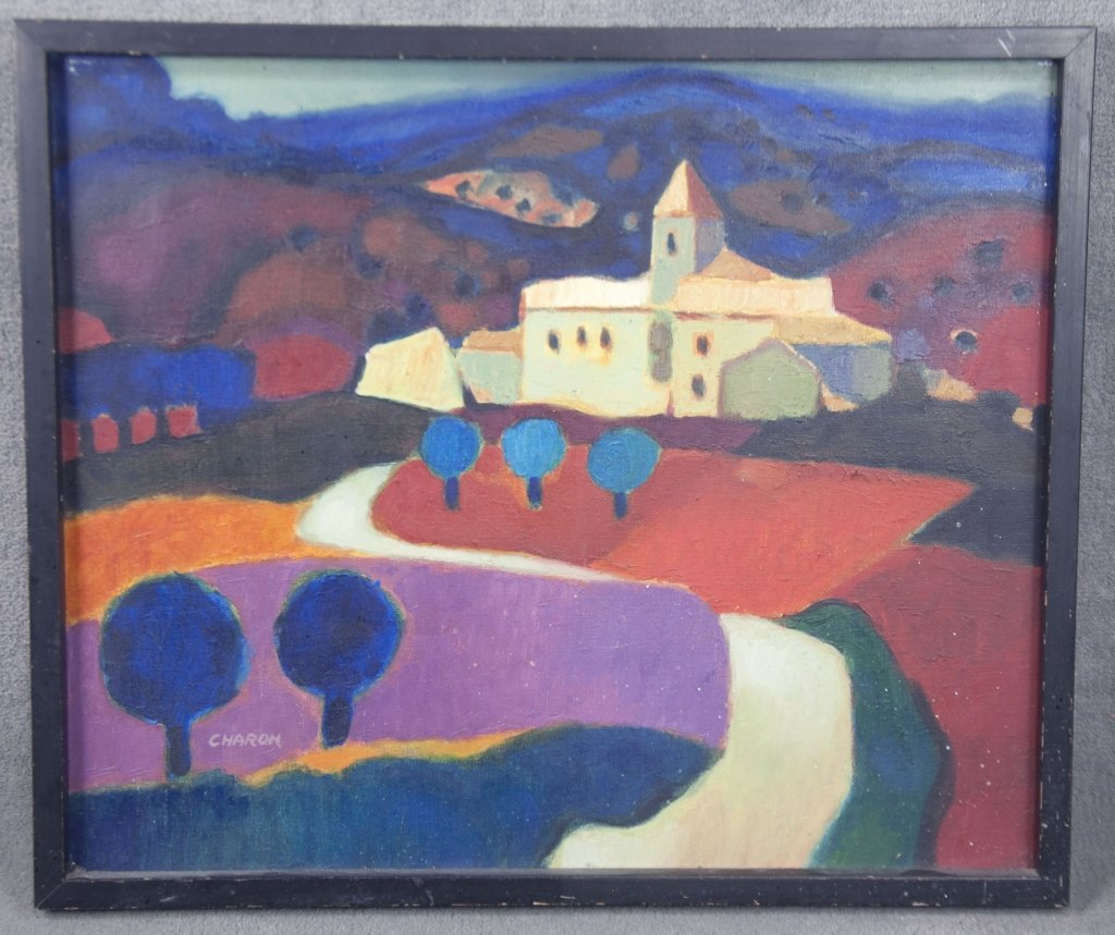 Guy Charon Oil on Canvas: French, b. 1921. Landscape, likely in southern France, with hills and village. Having "Gallerie Stiebel" sticker on reverse. Signed in lower left, "Charon." 21" x 17 3/4" s.s., in black frame to 19" x