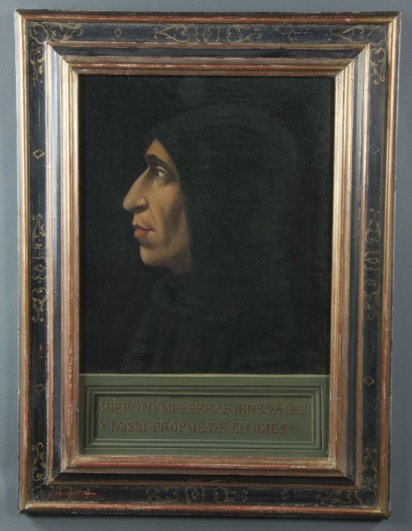 Florentine-Style Oil Portrait of Savonarola: On canvas board. After Baccio della Porta portrait of Savonarola, in profile. With latin subscription, "Hieronymi Ferrarienss a Des Missi Prophetae Effigies." In paint-decorated ogee molded frame to 2