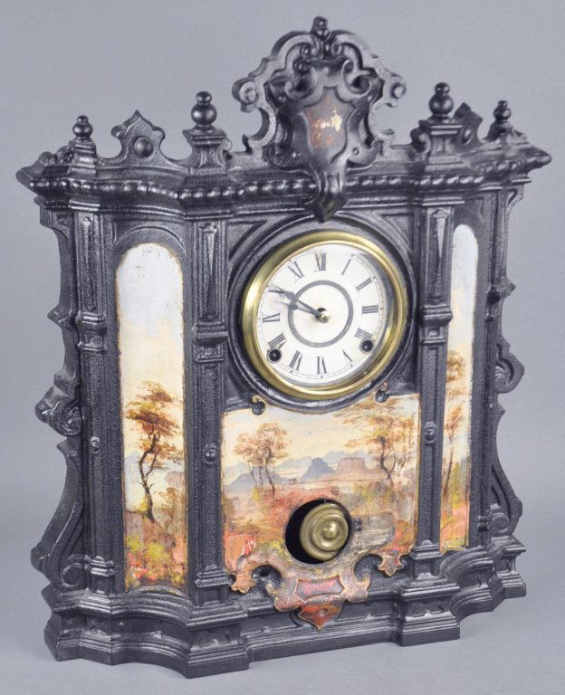 Large Hand-Painted Iron Front Mantel Clock: Having three panels with handpainted landscapes showing two figures, trees and mountains in the distance. Some loss to paint. 21 1/2" H. x 18" W. No name visible. Running condition not guaranteed.
