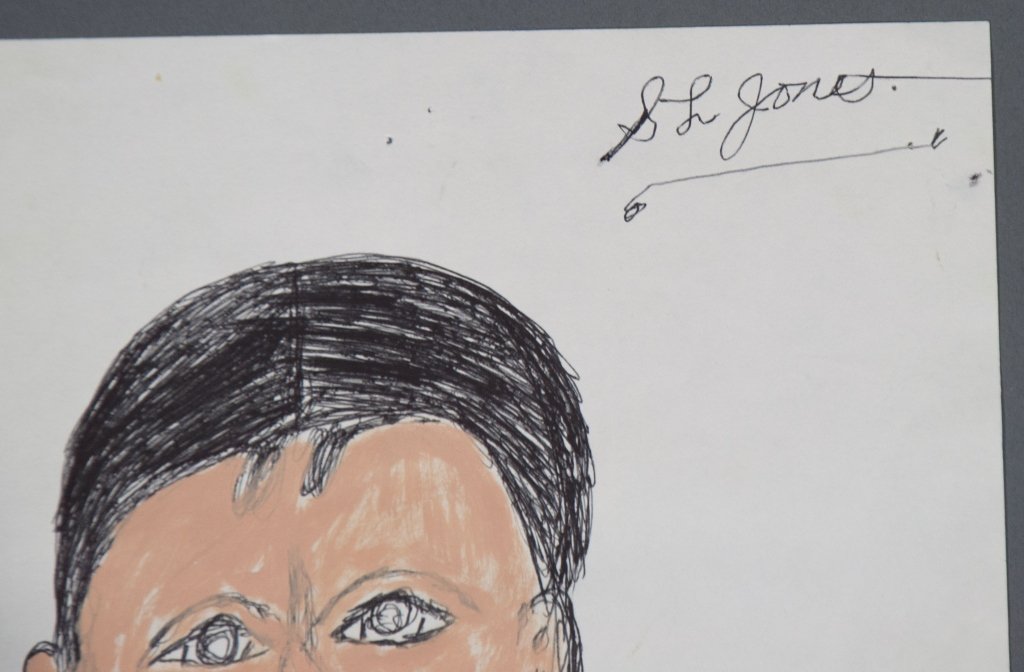 S.L. (Shields Landon) Jones Pen & Watercolor: American, 1901-1997. Red and black pen and watercolor on paper. Of man in black suit with red tie. Signed upper-right hand corner. Sheet, 12" x 8 1/2" overall.