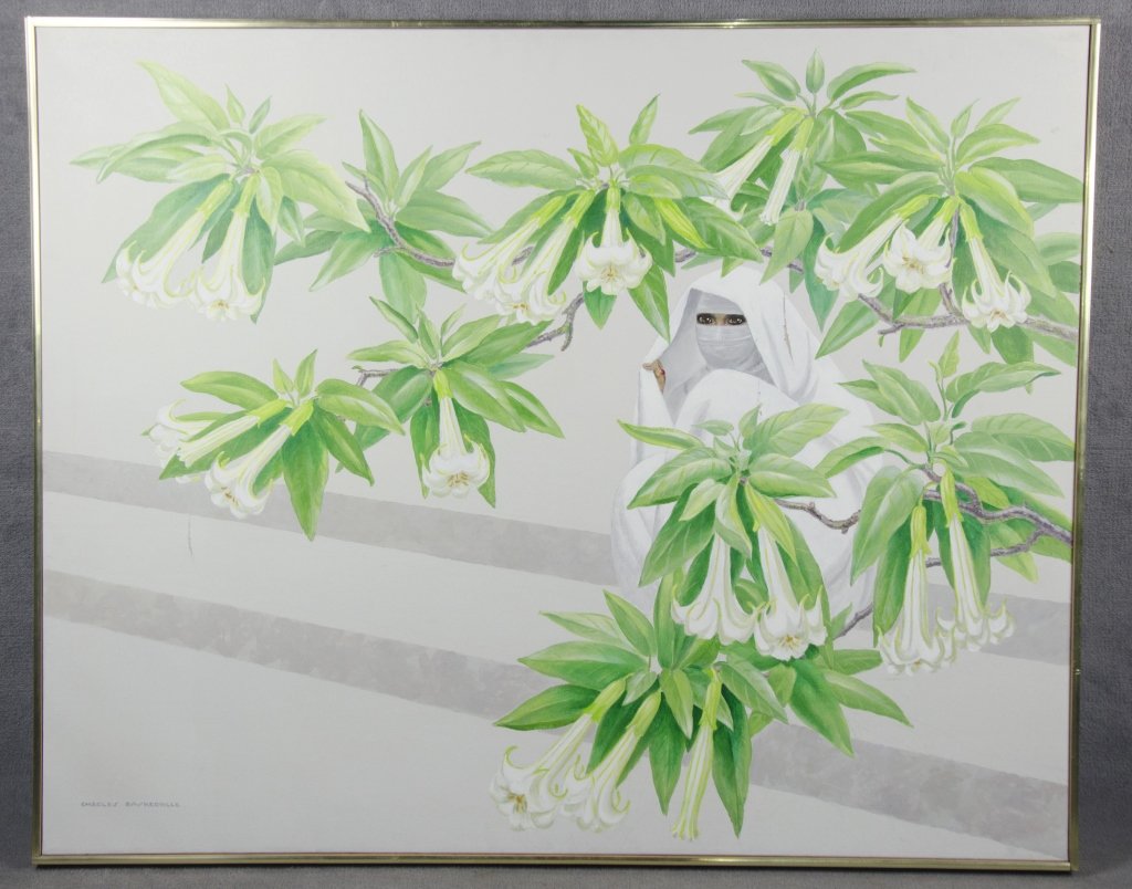 Charles Baskerville Jr.: (American/New York, 1896-1994). "Moroccan Datura". Acrylic on canvas. Signed "Charles Baskerville" lower left. Titled on stretcher bar and with gallery label en verso. 40" x 50". Framed to 41" x 51".