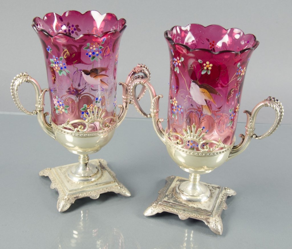 Matching Pair of Victorian Cranberry Piano Vases (1 of 2)