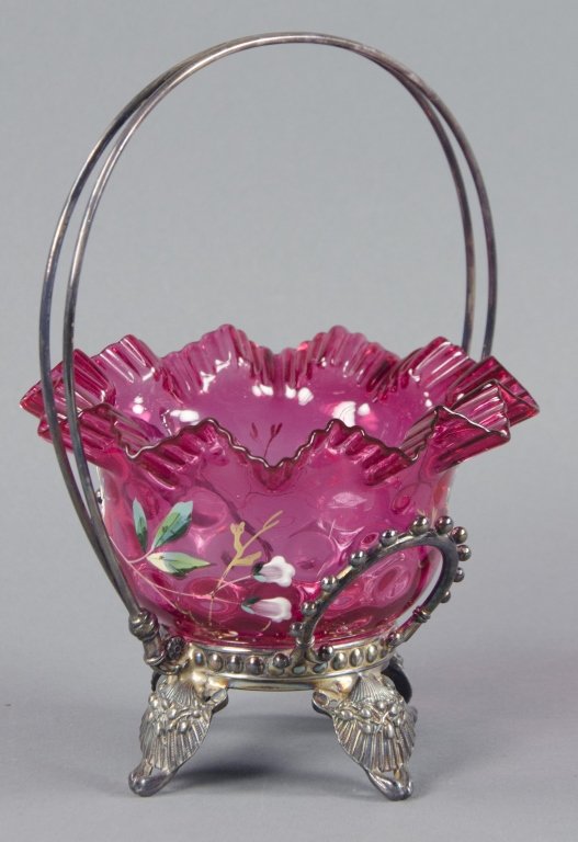 Small Floral Enameled Cranberry Bride's Basket (1 of 1)