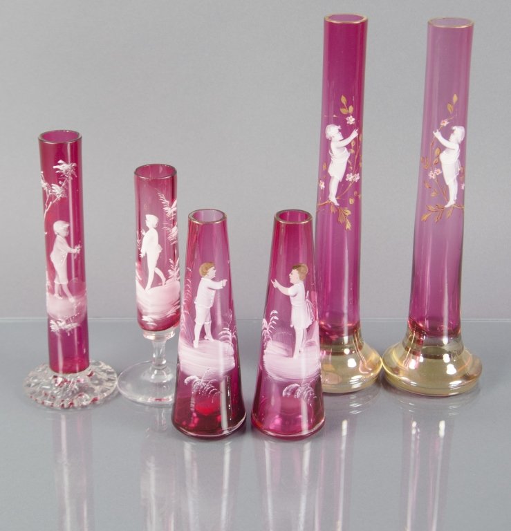 Six Mary Gregory Cranberry Stick Vases (1 of 1)