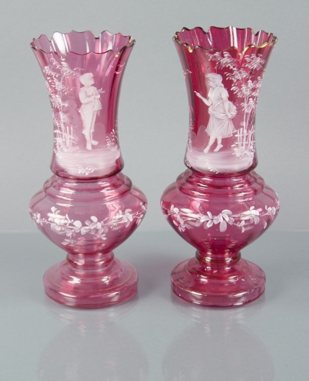 Matching Pair of Mary Gregory Mantle Vases (1 of 1)