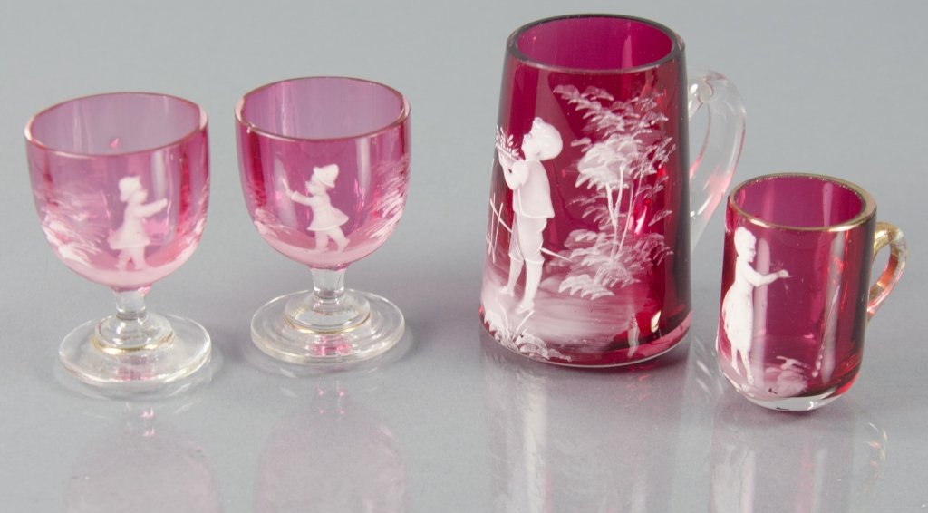 Mary Gregory Cranberry Shot Glasses & Handled Cups (1 of 1)