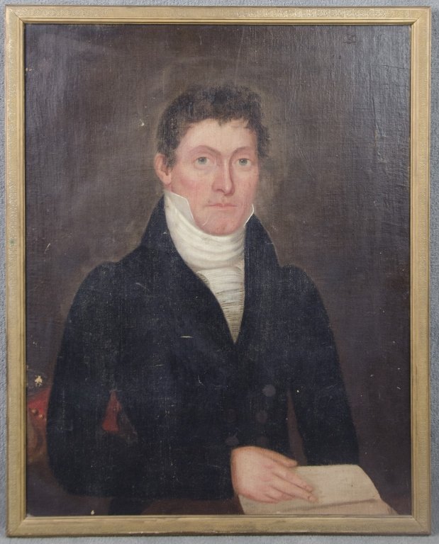 Oil on Canvas Portrait of Gentleman: 19th century. Seated on red chair seat, his right hand holding a book. Wearing a black frock coat with white stock. No apparent signature. Minor losses to paint, largest approx. 1" near right elbow. 2