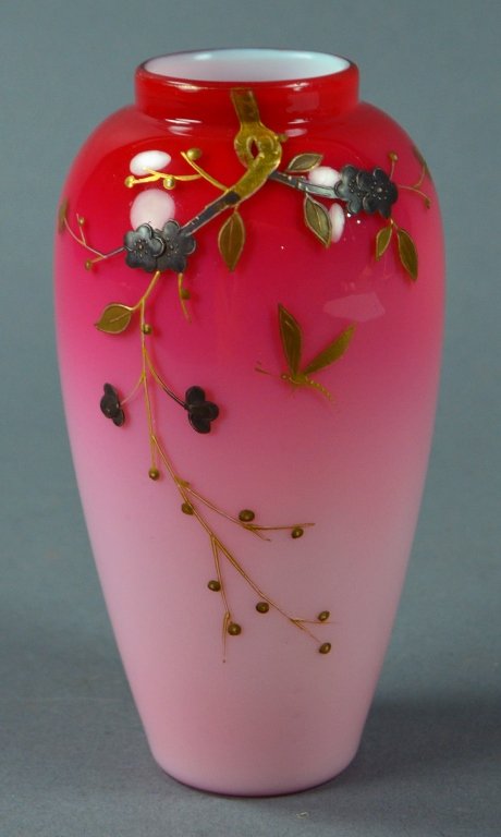 Webb Peachblow Vase: Circa 1890. Produced by Thomas Webb & Co. Cased interior. Shaded from rose to pink. Jules Barbe raised gilt and gold enameled decoration. 5 1/4" H.