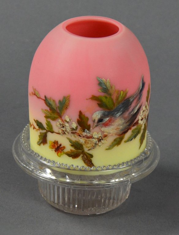 Queen's Burmese Fairy Lamp by Thomas Webb: Jules Barbe bluebird decoration. Clear base reads "S. Clarke/Trademarl/Fairy Pyramid." 4" H.