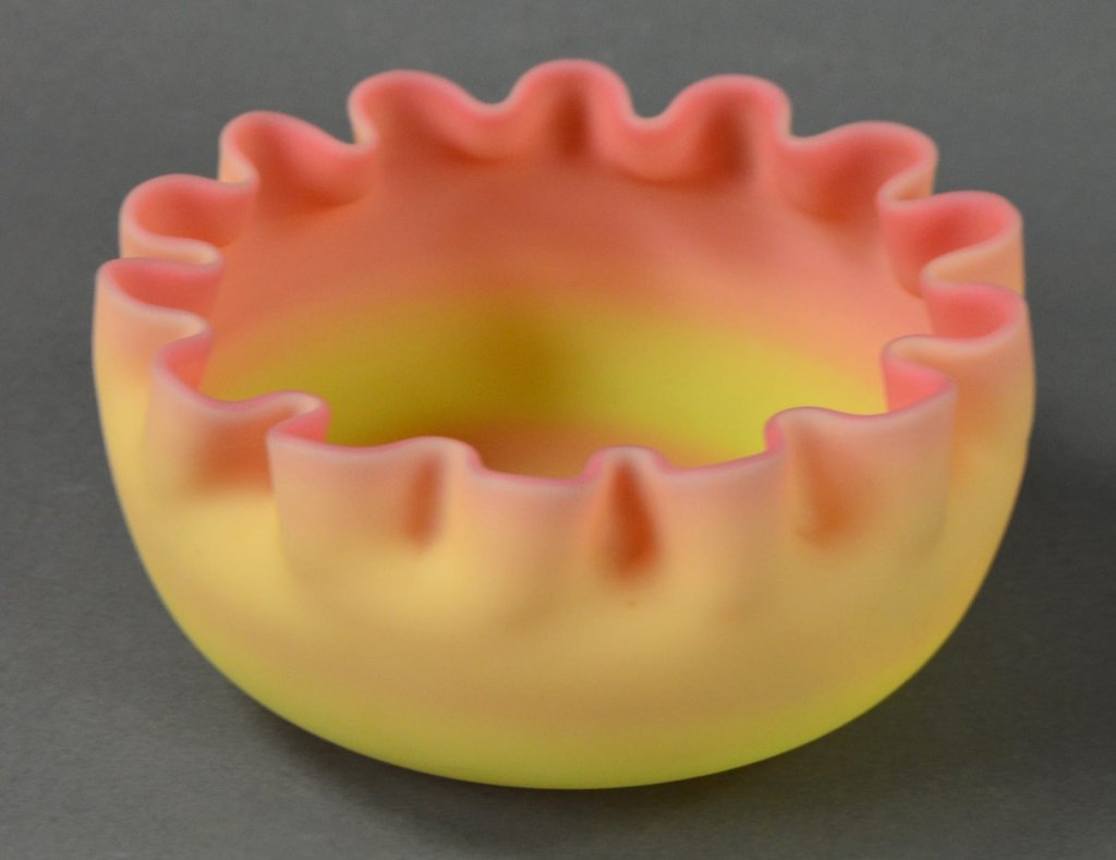 Queen's Burmese Bowl by Thomas Webb & Sons: Marked "Thom. Webb & Sons/Queens Burmese Ware/Patented." 4 3/4" H.