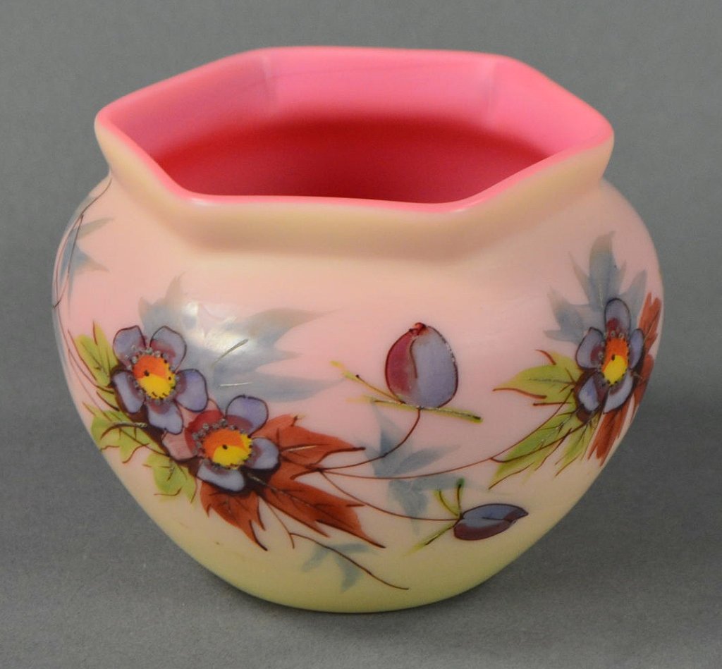Queen's Burmese Bowl by Thomas Webb & Sons: Unsigned. Jules Barbe polychrome floral decoration. 3 3/4" H. x 3 1/2" W.