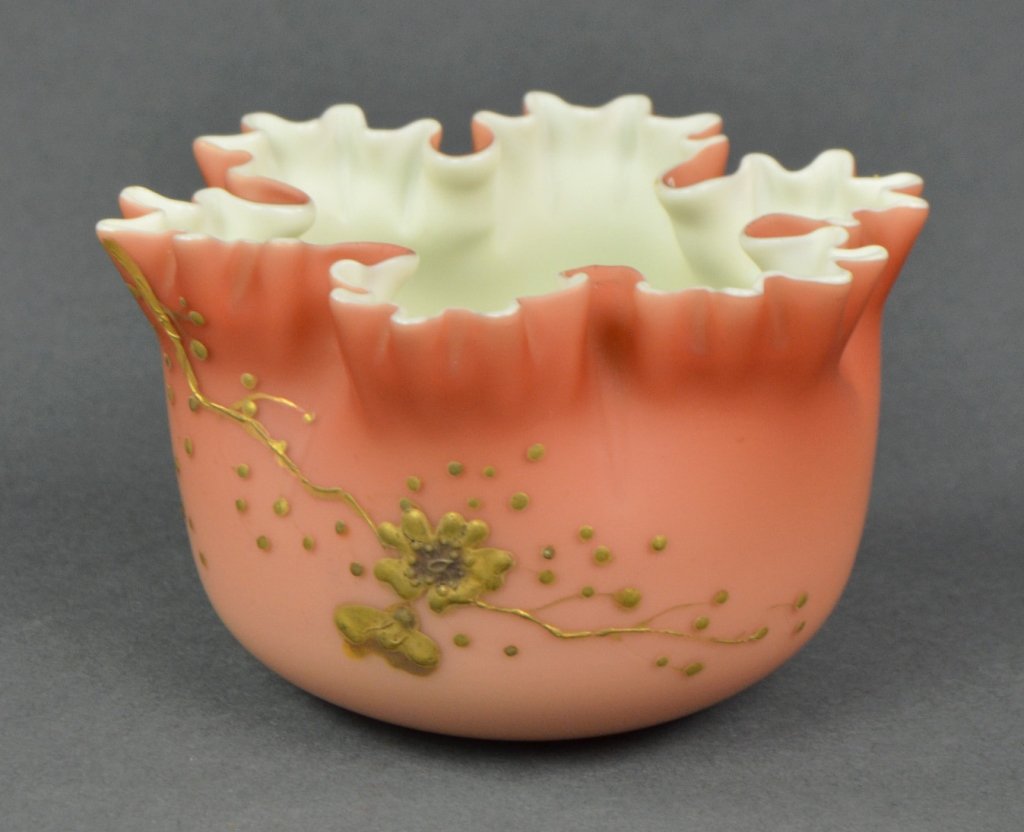 Art Glass Bowl by Thomas Webb & Sons: Scalloped rim. Case interior. Surface decorated with raised gilt flowers. 2 1/4" H.