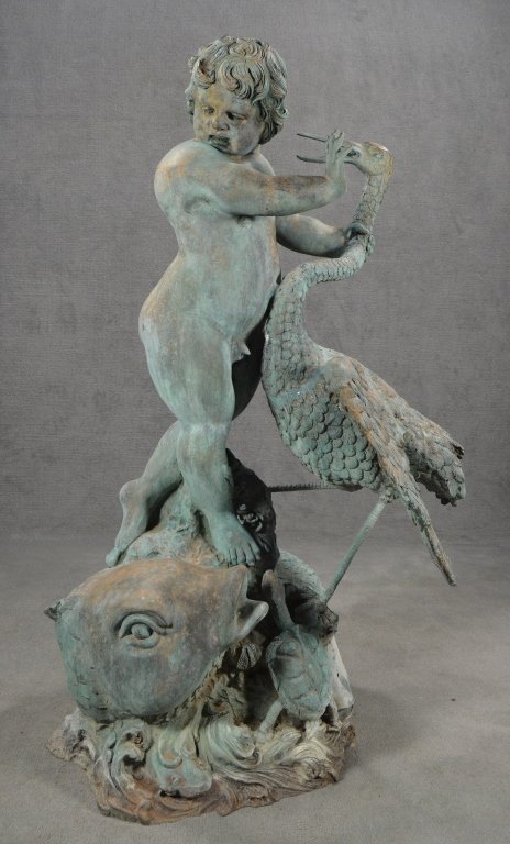Bronze Garden Fountain: Of putti with koi and crane. In nicely weathered verdigris finish. Plumbed as fountain but working condition unknown. 64" x 26" x 30".