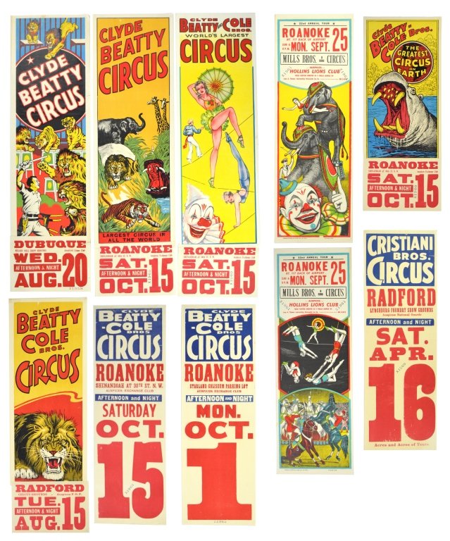Ten Vintage Circus Posters: Two Clyde Beatty, five Clyde Beatty & Cole Bros., two Mills Bros. 1950's and 1960's. All different. Clyde Beatty's has two taped tears, else good condition. 39" x 14".
