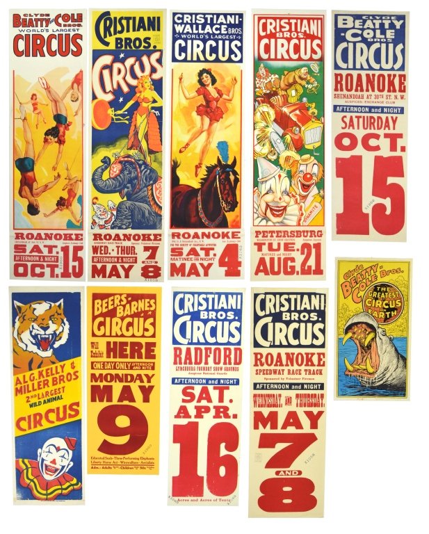 Ten Vintage Circus Posters: Three Clyde Beatty and Cole Bros., five Cristiani Bros., Beers-Barnes, and Al G. Kelly and Miller Bros. All different. 1950's-1960's. Good condition. 39" x 14".