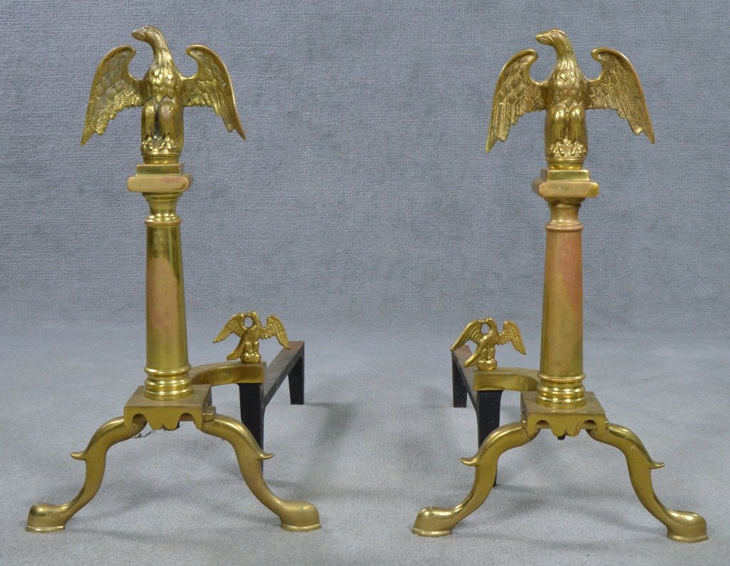 Pair of Brass Federal Style Andirons: Cast eagles above tapered turned columns, marked "The Harvin Co No 1-L", mid 20th Century. 21" x 22"