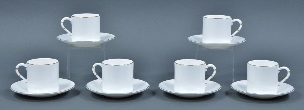 Six Royal Worcester Demitasse Cups & Saucers: White with gold rim. Cups, 2 1/2" H.