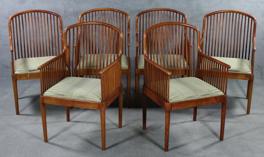Set of Six Knoll "Exeter" Arm Chairs: Likely maple and beech. Each having bent wood upper-frame and spindles at back and below arms. Each with metal plaque on base reading "Davis Allen/Exeter/Knoll Studios 1983." Wear to finish throughout