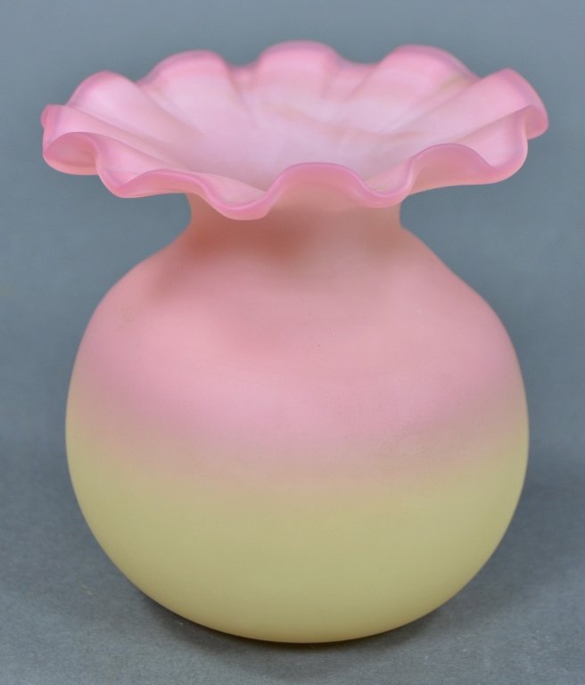 English Burmese Vase by Thomas Webb & Sons: Circa 1885. Shaded from yellow to pink. Ruffled rim.