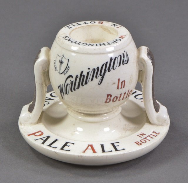 Doulton Advertising Match Striker: "Worthington's Pale Ale in Bottle." Embossed "Doulton" in base and stamped with the Doulton Burslem/England mark (1886-1891). Also stamped "The Property of Worthington & Co. Ltd. Burton-on-Trent." 3 7