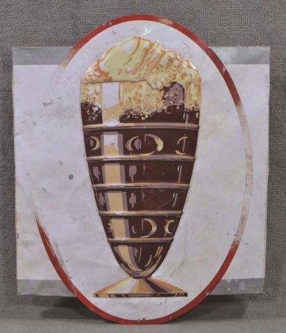 Root Beer Float Sign: Single sided tin sign having a root beer float in red oval border with embossed design on glass. Some creasing. 30" H. x 24" W.