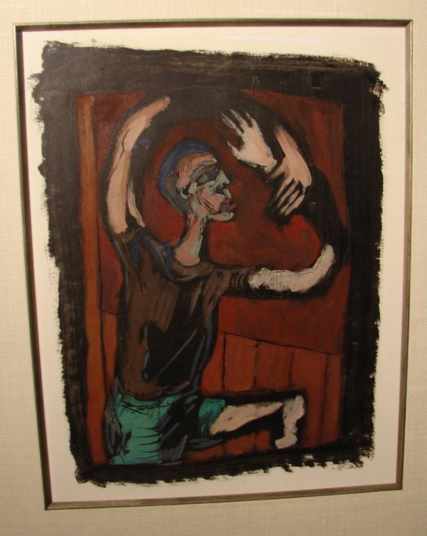 Mary Jennifer Booth - Male Figure Abstraction Post Mod: Mary Jennifer Booth (American). Original oil painting and cold wax composition on paper. Man in Shorts with Red Wall. Framed size: 20" by 23.5". Signed: Booth 84 (1984). Condition: Very Good.