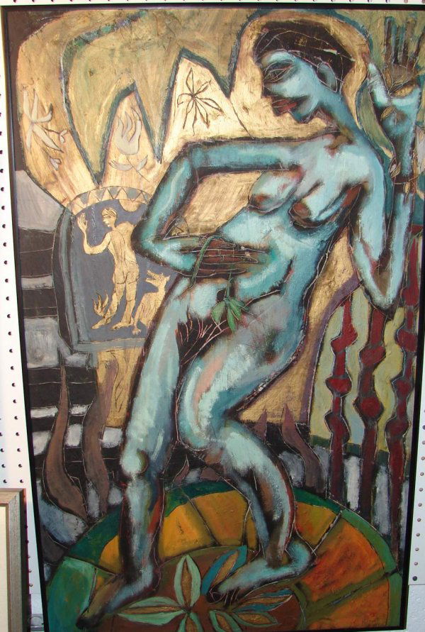 Mary Jennifer Booth "The Blue Nude" Post Modern Oil: Mary Jennifer Booth (American). This is an original oil on canvas by Mary Jennifer Booth: The Blue Nude was an important work in this artists early exhibits. Fully signed "Booth". Overall condition is