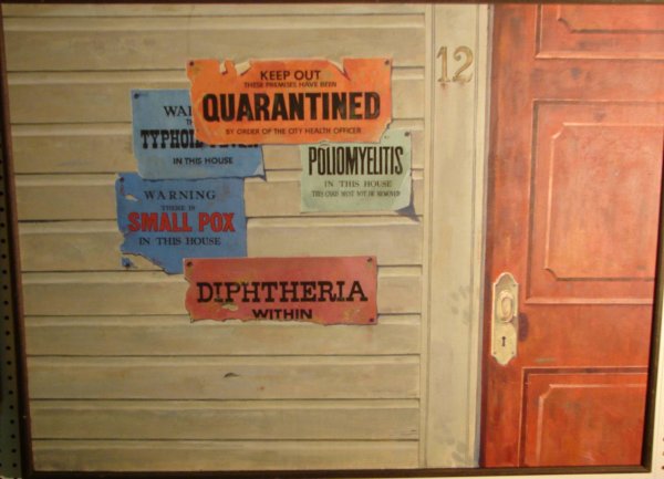 Bob Peak Ad for Kimble Oil Painting: A great painting by Bob Peak for the Kimble Ad Campaign in 1970 for Owens Illinois. This painting is a wonderful, photo realistic idea of a quarantined house with bills posted to the siding. A portion