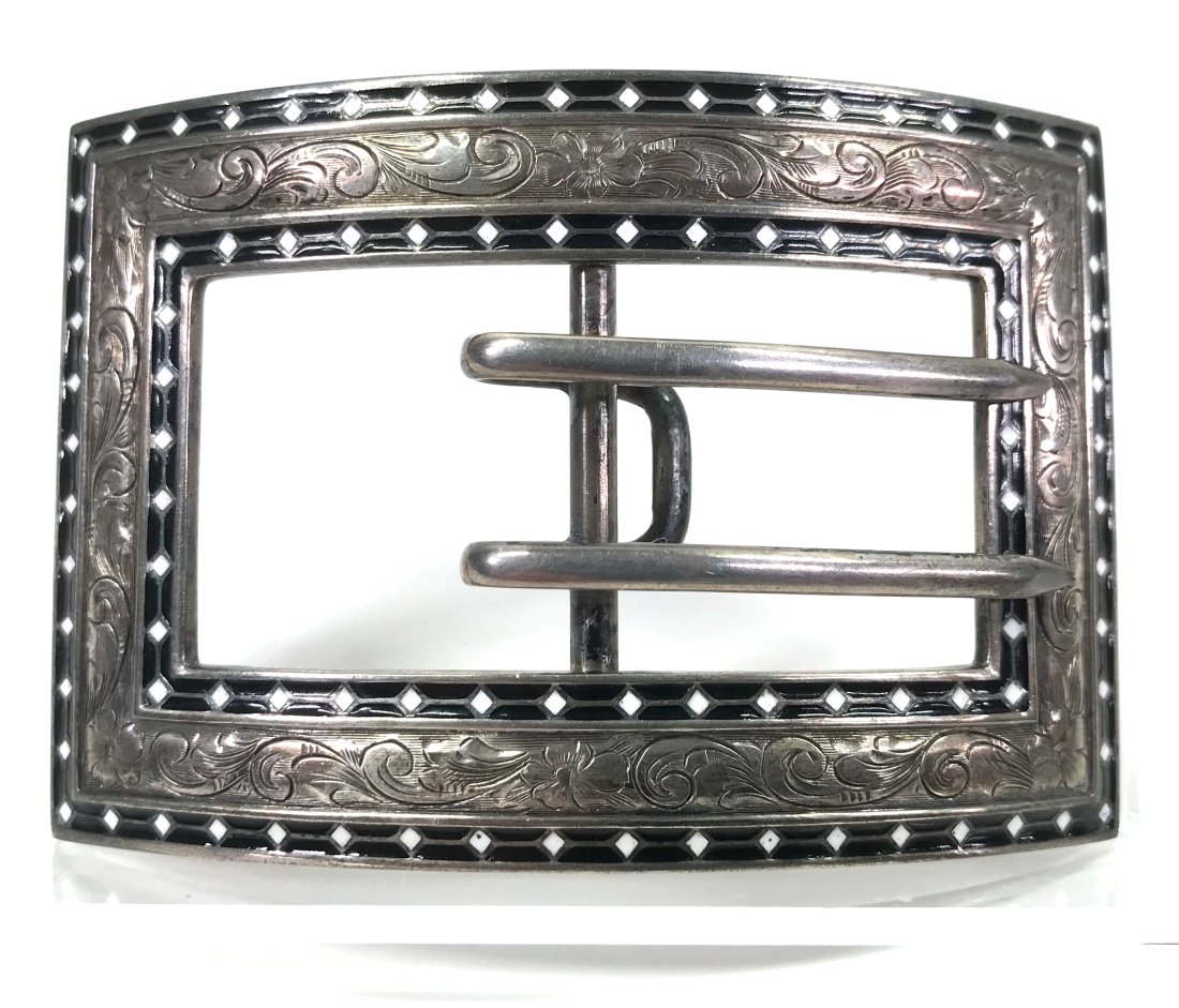 Antique William B Kerr Sterling Sash Buckle: Antique William B Kerr black and white enamel and engraved with scrolls sterling silver sash buckle. Marked with Kerr"s hallmark, Sterling and numbered 3246 - 21. It is engraved JNB Aug 5 09. It measu