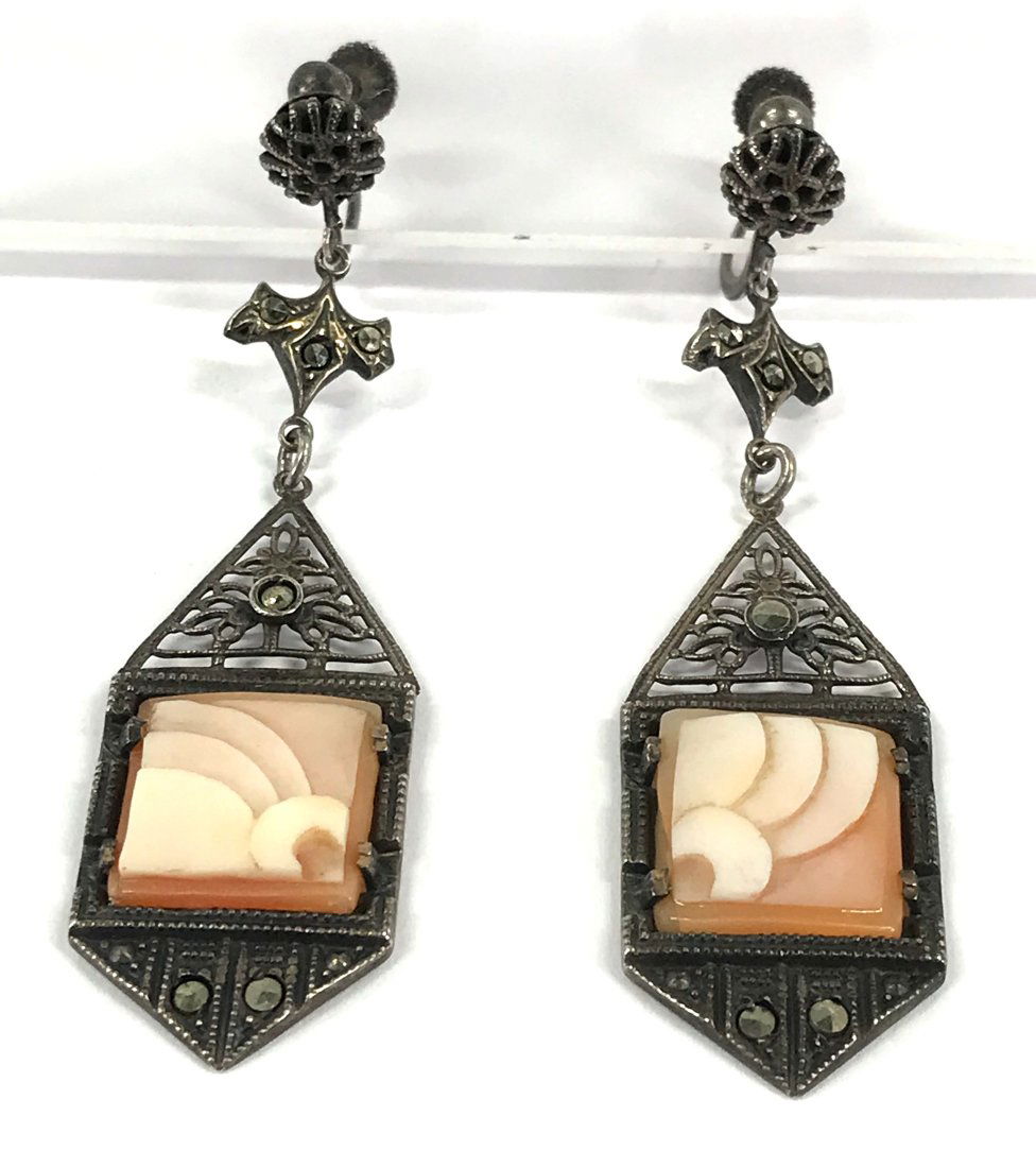 Art Deco Shell Cameo Marcasites Sterling Earrings (1 of 14)