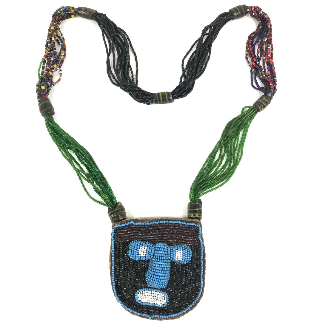 African Yoruba, Nigeria, Diviner Beaded Necklace: African Yoruba, Nigeria, Diviner”s Beaded Necklace.Beads, Fabric. It measures 20 inches long including the pendant and pendant 3 1/4 x 3 1/4 inches. Weight: 5 Oz. This is a NO RESERVE AUCTION: t
