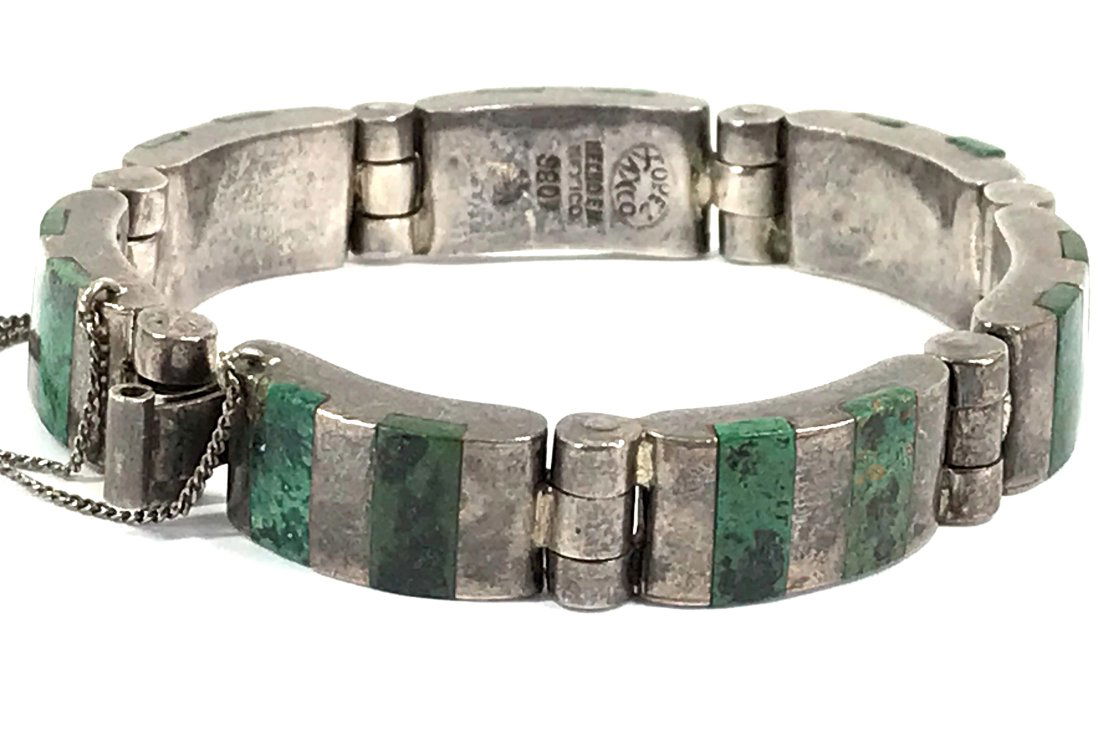Vintage Lopez Taxco Mexico Green Turquoise Sterling Bracelet. (1 of 14)