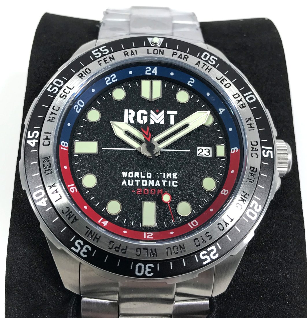 Unworn Sold Out RGMT Continental Automatic Watch: Unworn Sold Out RGMT Continental Automatic Watch. Seiko NH35 Automatic Movement. Stainless steel Case. Sapphire Crystal with AR coating. Screw in crown. Unidirectional rotating bezel. Stainless steel 