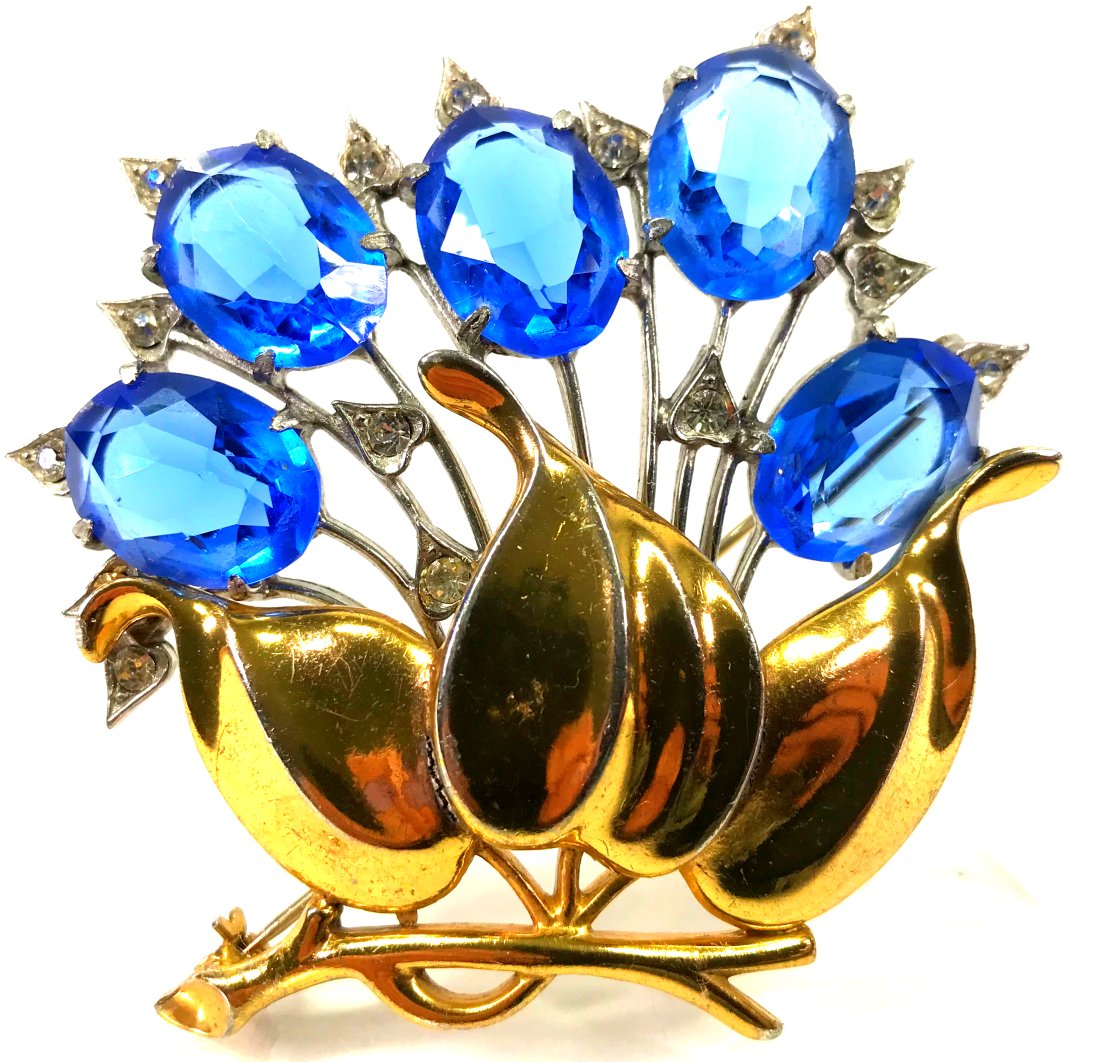 Vintage 40”s Open Back Crystals Flowers Pin Brooch. (1 of 16)