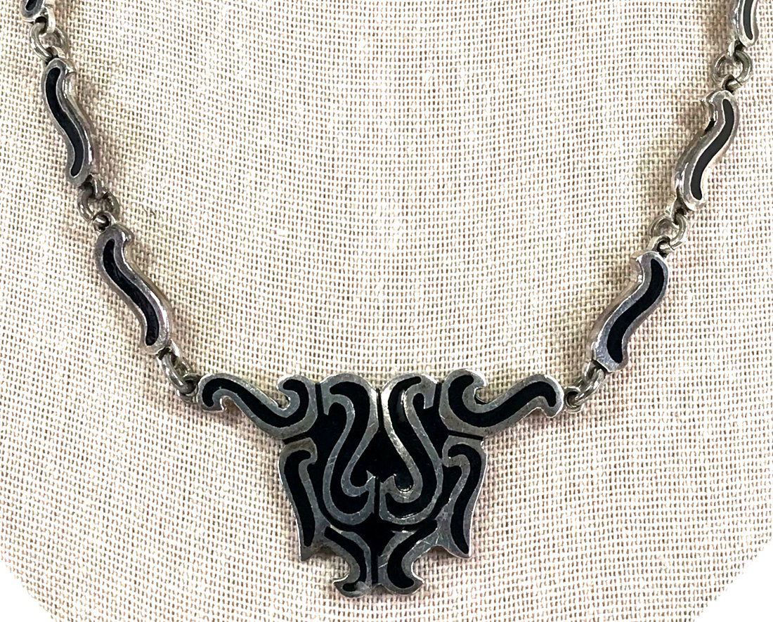 Vintage Mexico Ethnic Black Enamel Sterling Necklace. (1 of 19)