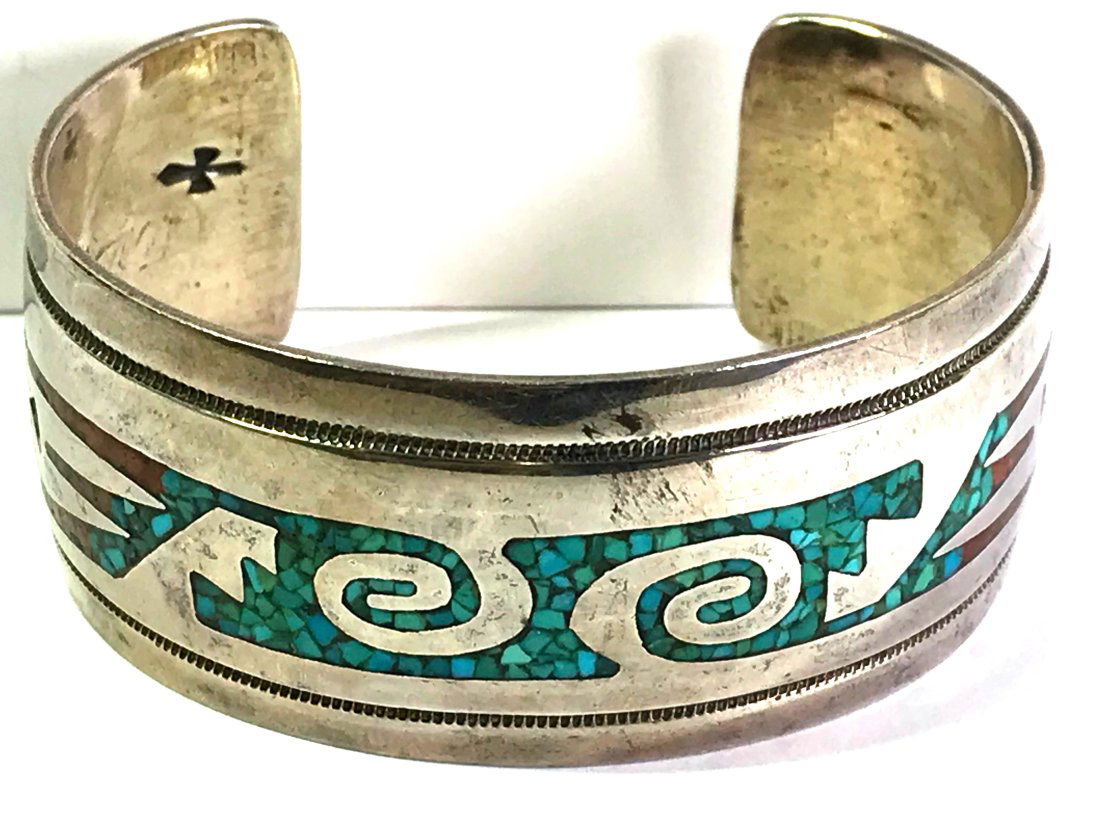 Vintage Gibson Gene Navajo Turquoise Coral Sterling Cuff (1 of 16)