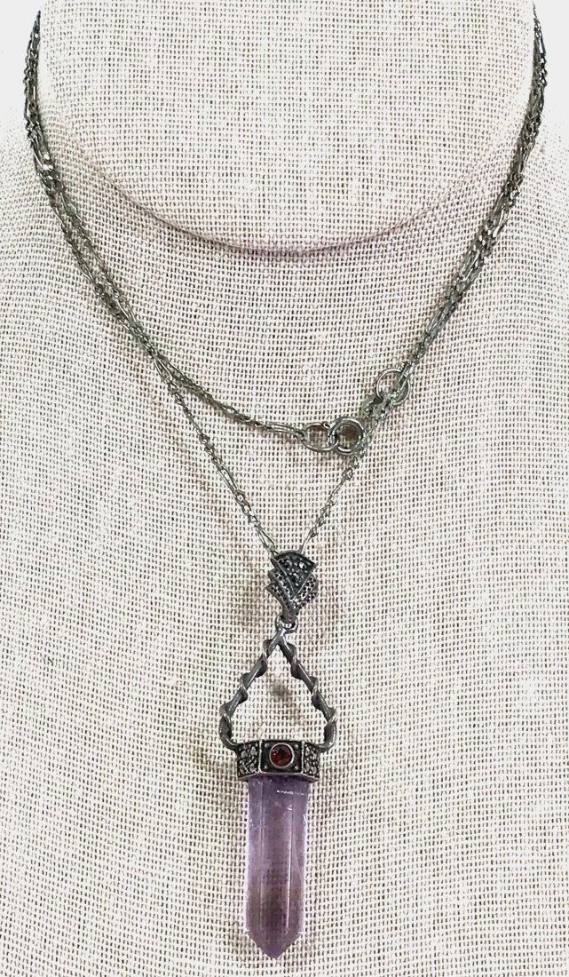 Vintage Artsy Marcasites Garnet Amethyst Sterling Necklace. (1 of 16)