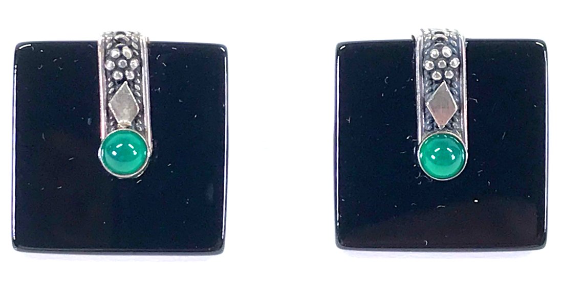 Art Deco Style Chrysophrase Sterling Onyx Earrings. (1 of 7)